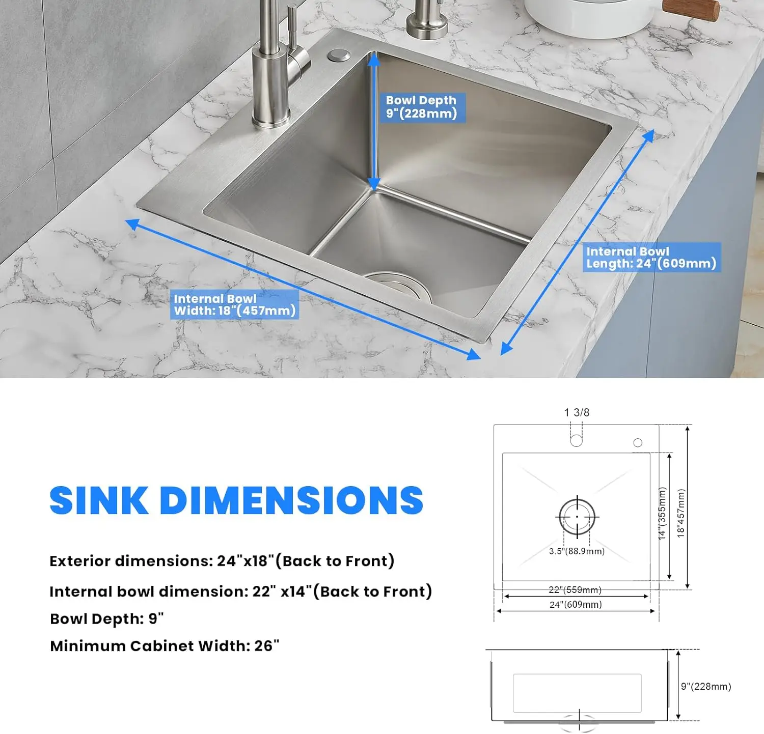 ROVATE 24×18 Inch Drop in Kitchen Sink Topmount Handmade Single Bowl 18 Gauge 304 Stainless Steel Overmount Brushed