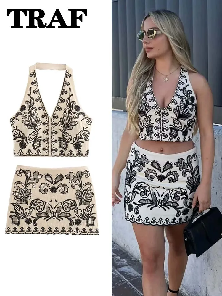 TRAF Embroidered Women 2 Pieces Sets 2024 New Fashion Halter Crop Top+Mini Skirt Women Suit Summer Set Women Outfit