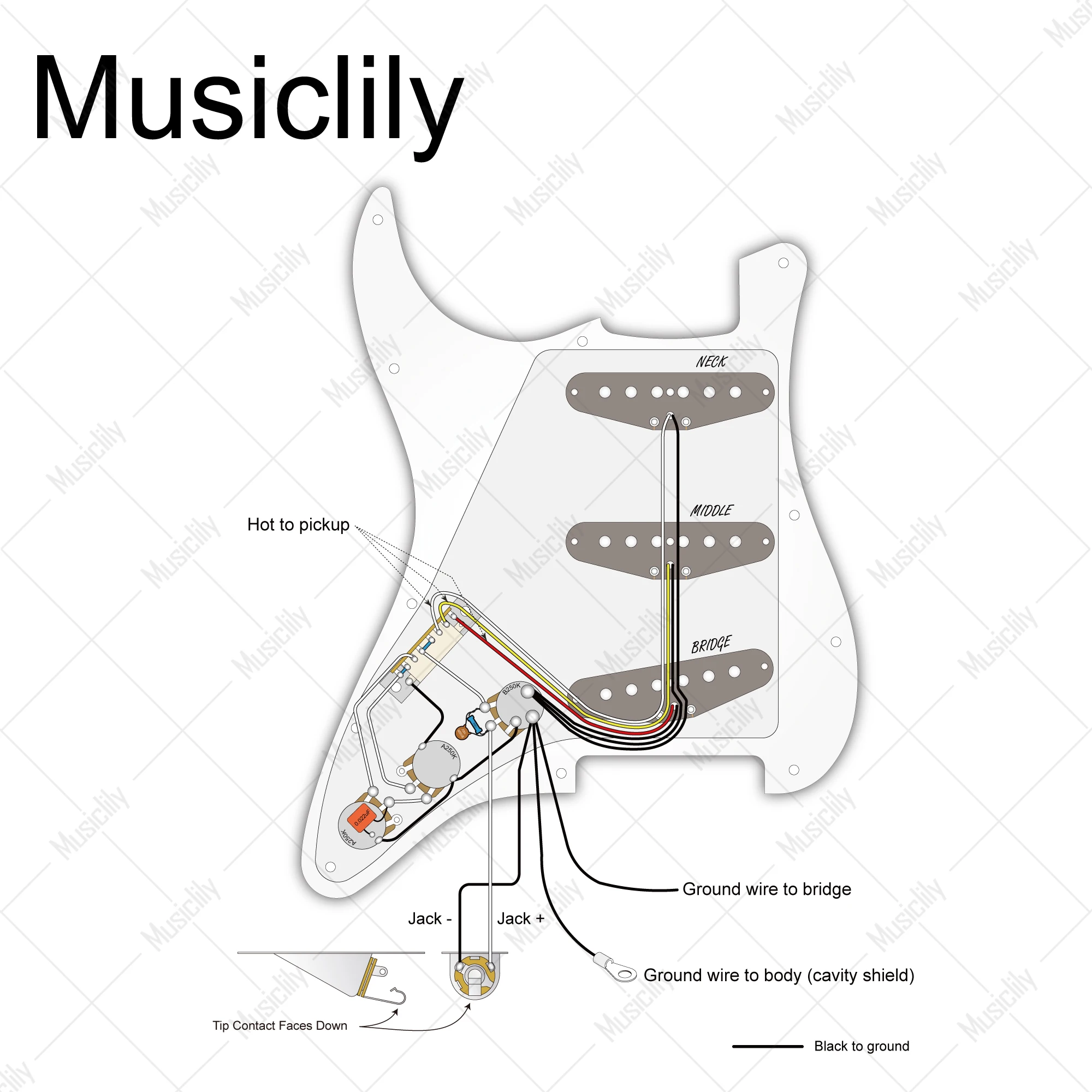 Musiclily Pro Electric Guitar DIY Wiring Kit Upgrade for Import/American ST SSS with 5-Way Switch and 2A1B/3A Pots, Nickel Jack
