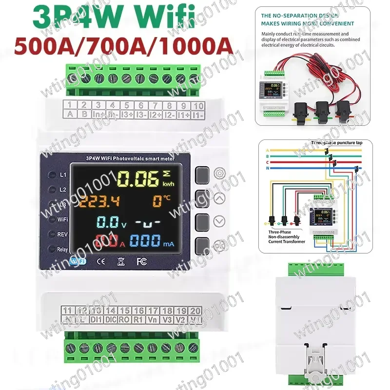 500A 700A 1000A WiFi Smart Transformer Meter with 3 CT Clamps Over Under Voltage Protector Smart Circuit Breaker for Home