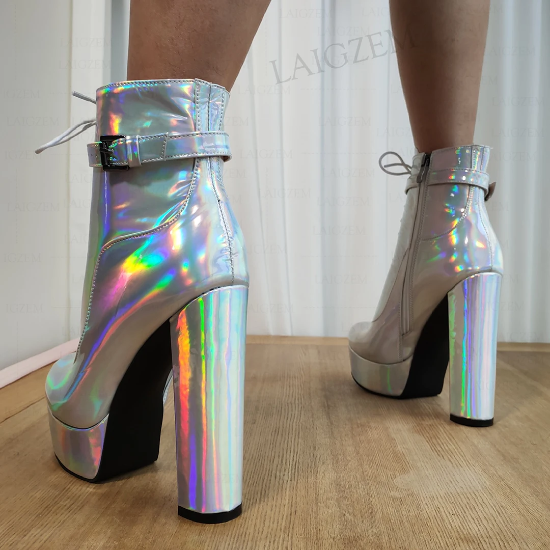 

LAIGZEM Женские ботильоны на платформе с молнией на толстом высоком каблуке Блестящие короткие ботильоны Женская обувь ручной работы Женский большой размер 41 46 52