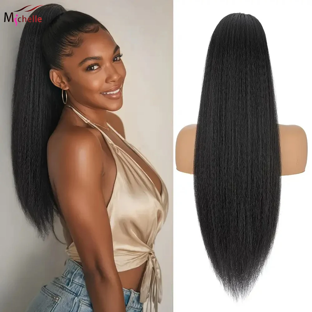 Kinky Straight Ponytail Human Hair Extension 100% Real Hair Wrap Around Drawstring In Ponytail Natural Black 1b 100g For Women