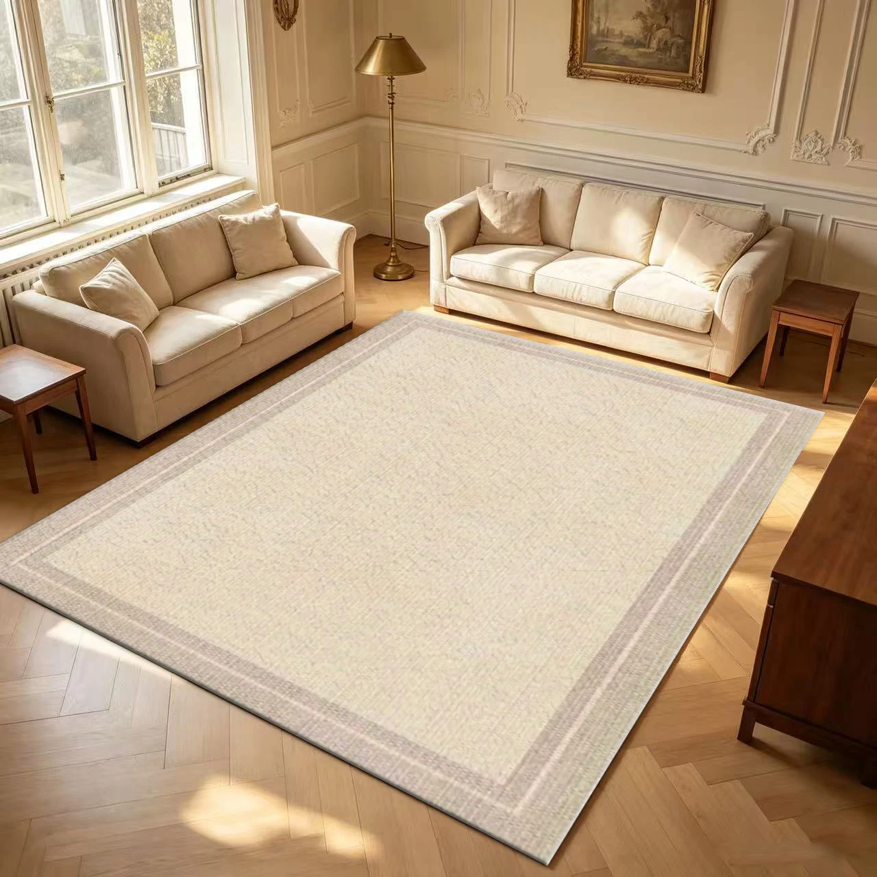 Neutral Beige Bordered Solid Carpet Flooring Simple Classic Home Decor Area Rug for Living Room Bedroom Entryway