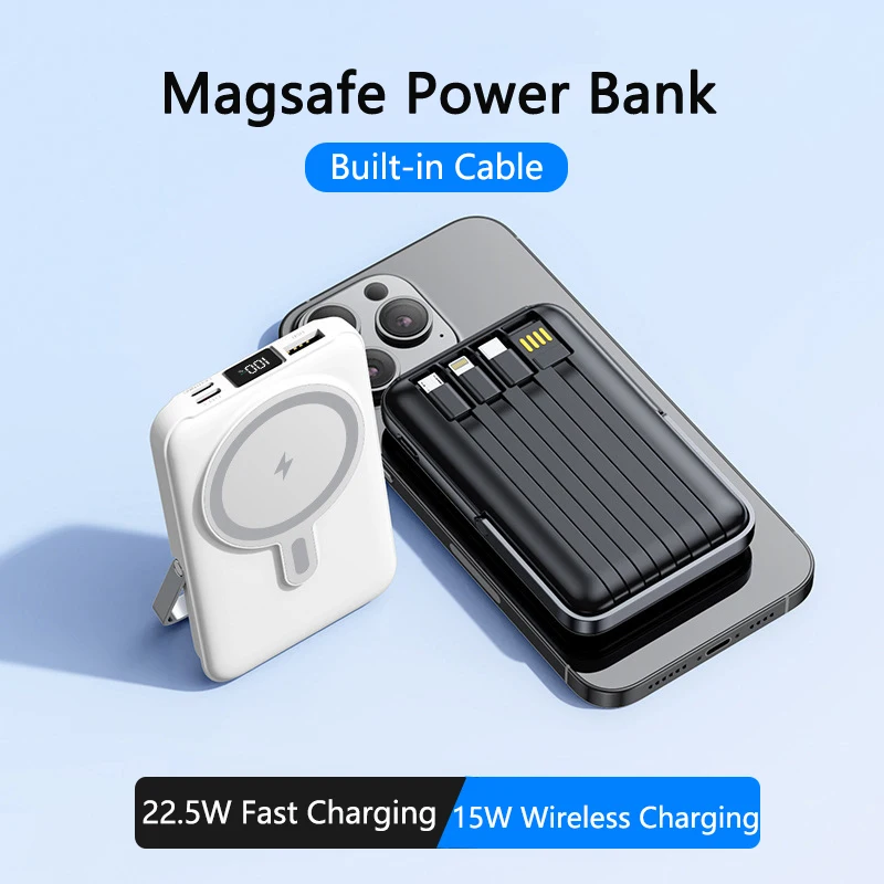 

PD 22.5W Fast Charging Power Bank 20000mAh Magnetic Wireless Charger for iPhone 15 14 Samsung Xiaomi Powerbank Built USB C Cable