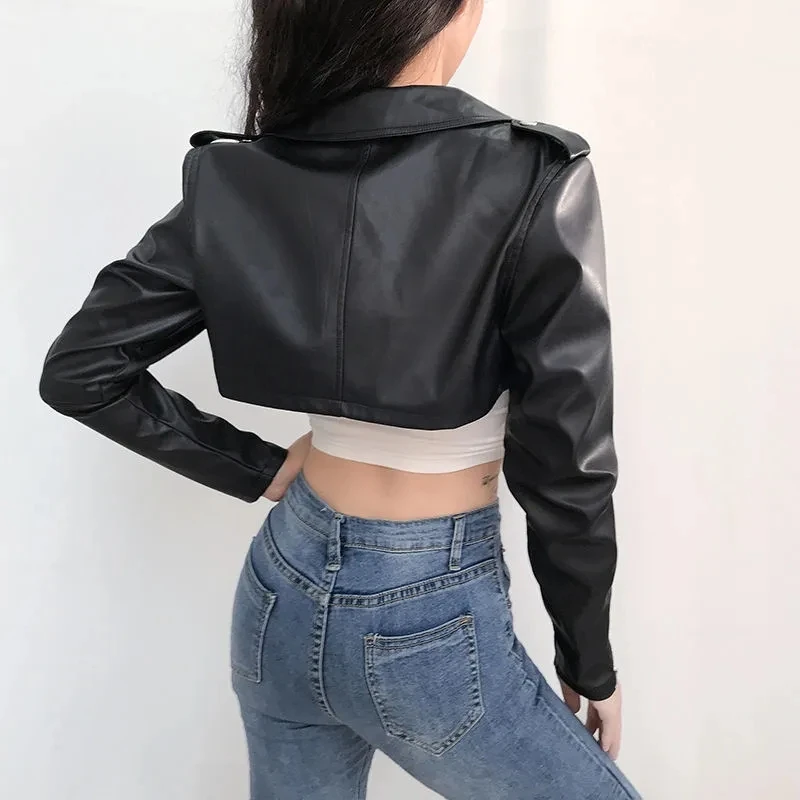 รถจักรยานยนต์ Pu หนัง Crop Jacket ผู้หญิงซิปสีดำเสื้อหนังเทียม Streetwear ในฤดูใบไม้ร่วงแขนยาวฤดูใบไม้ร่วงหญิง Outwear