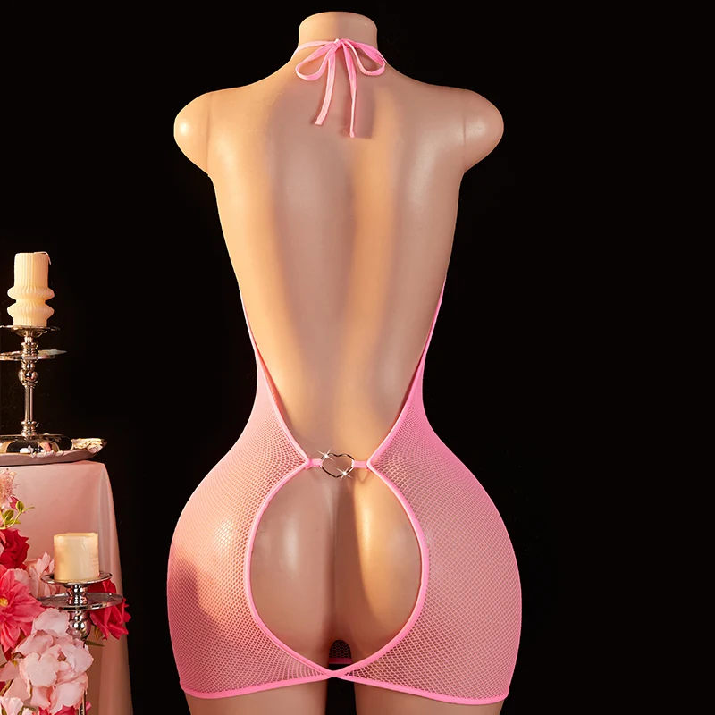 انظر من خلال فستان نسائي مثير شبكي وردي مثير ملابس داخلية مثيرة مجوفة ملابس داخلية عميقة على شكل حرف V رقبة معلقة بدون ظهر أزياء مثيرة
