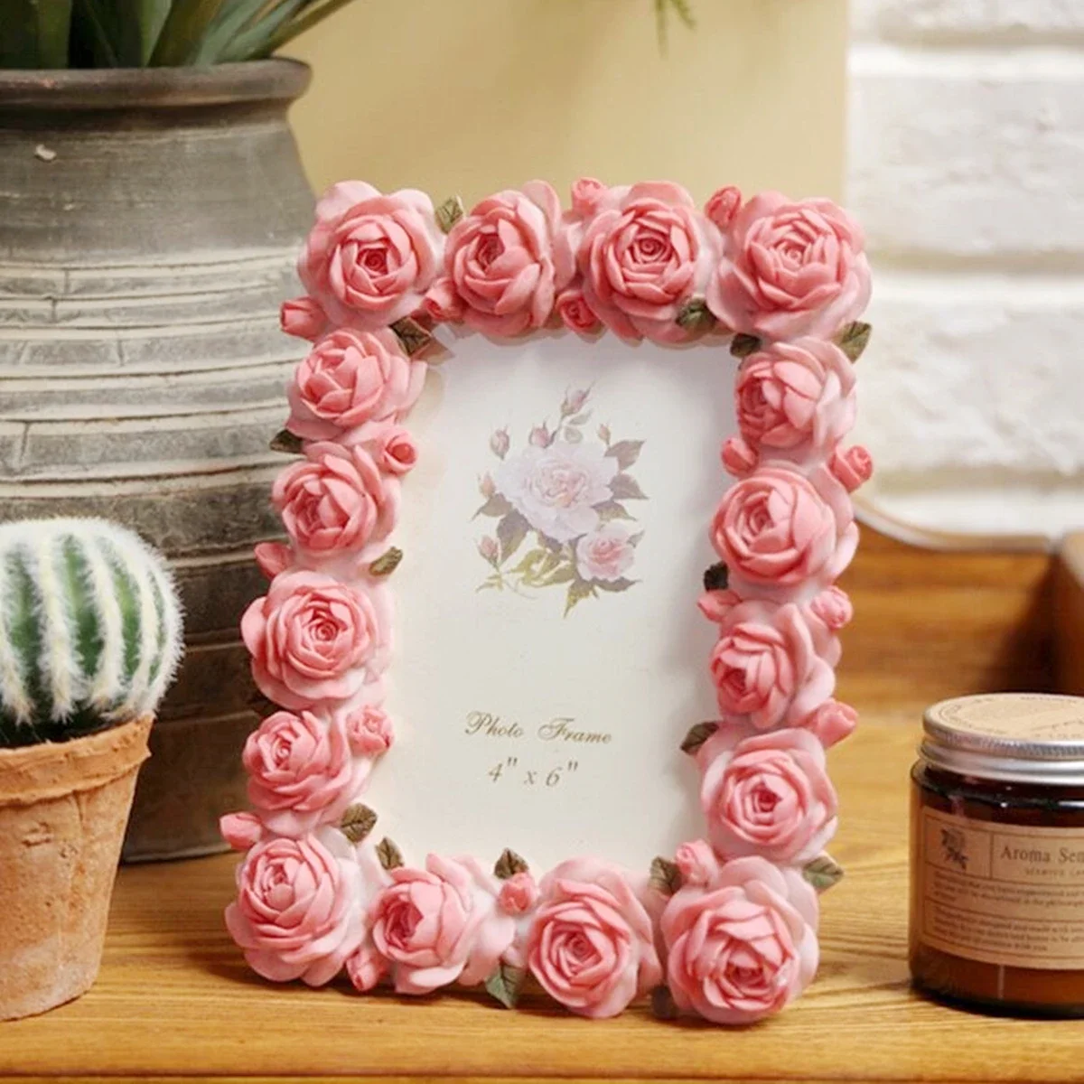 Pink Rose Blossom Series Warm Resin Rectangular Lace Frame Edge Table Ornaments and Home Art Frames