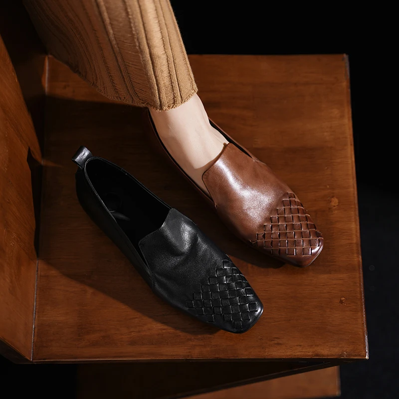 2026 new spring autumn women pumps natural leather 22-26cm weave cowhide+sheepskin square toe loafers low heel women shoes