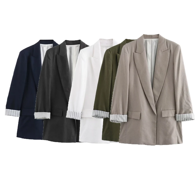 KUCLUT Wiosna Jesień Damska lniana marynarka Casual Roll Sleeves Luźny, wszechstronny płaszcz garniturowy z ozdobną kieszenią