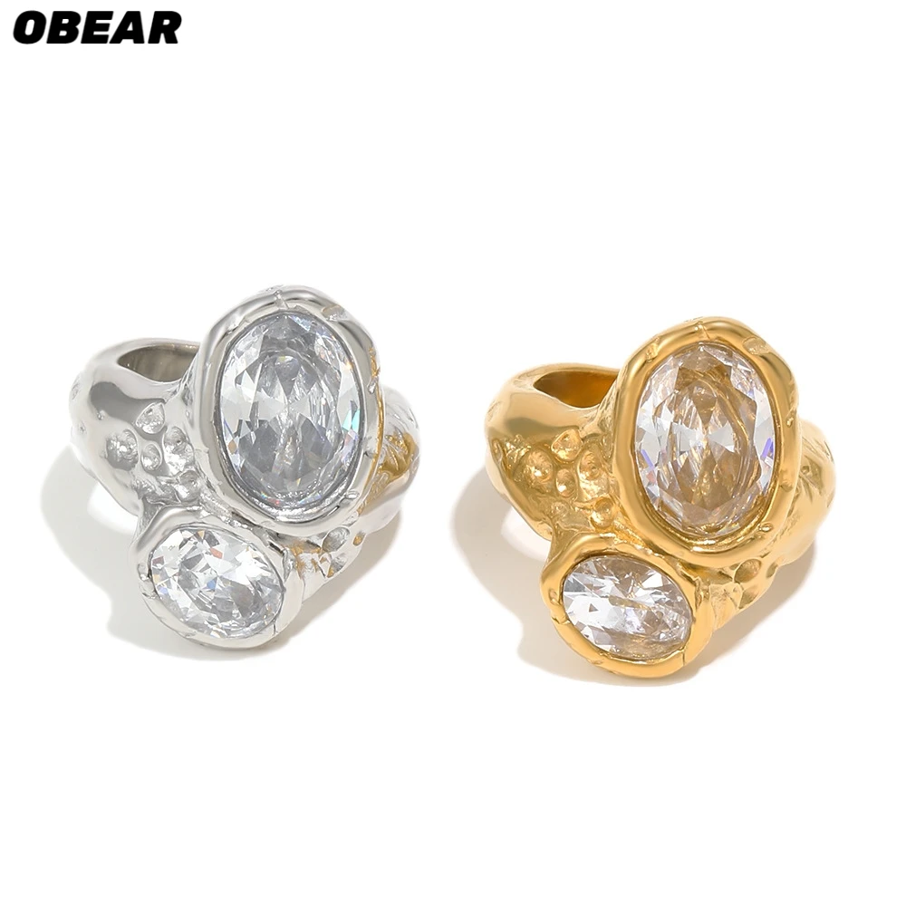 Edelstahl Vergoldeter Unregelmäßiger Chunky Ring mit Doppelten Kristallsteinen Auffälliger Statement-Modeschmuck