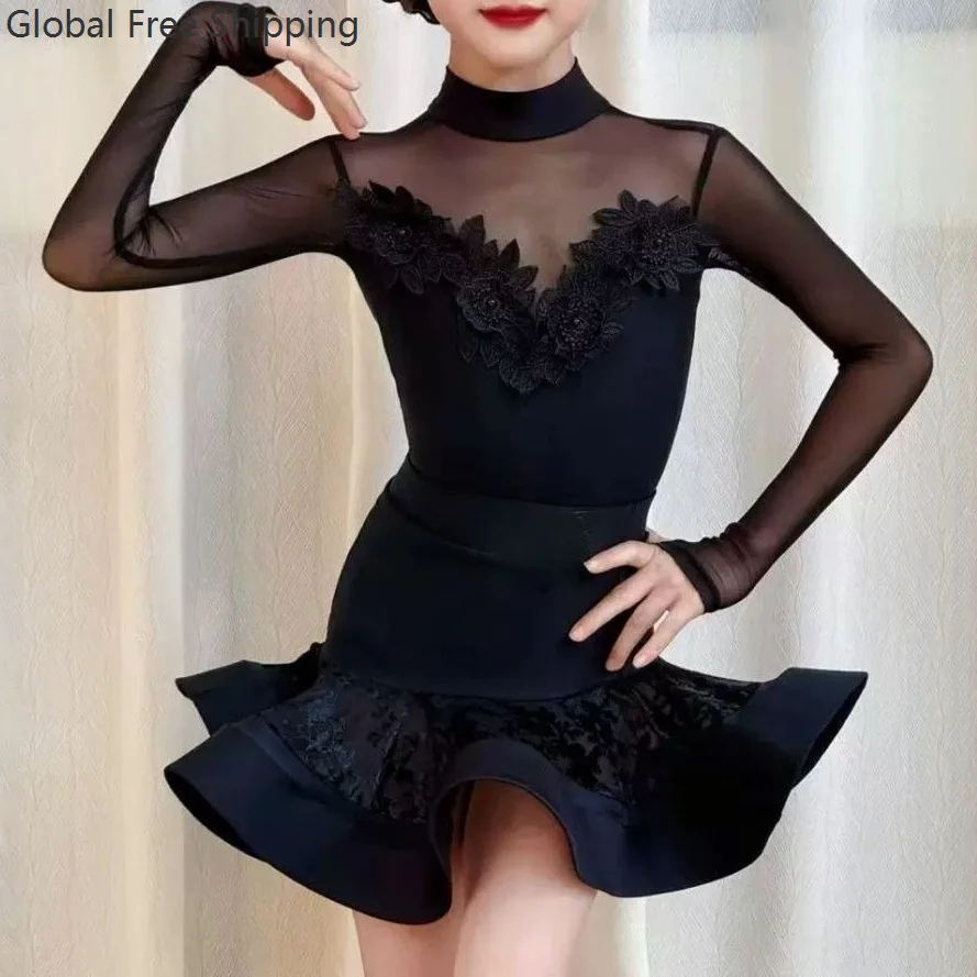 

Black Latin Dance Dress Girls High-neck Long-sleeved Dancewear Children Cha-cha National Standard Swing Dance Training Costume