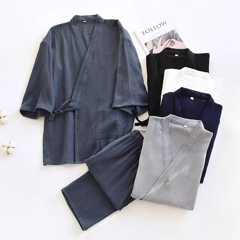 

Men's Spring/Autumn Long-Sleeve Crinkled Gauze Pajama Set - Traditional Kimono & Hanfu Style Cotton Robe with Tie Belt for Spa