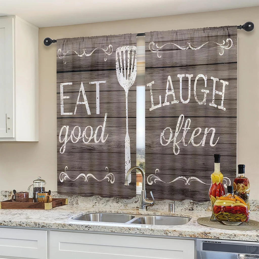 2pcs Rustic Farmhouse Small Barn Fork and Spoon Wooden Board Retro Print Kitchen Curtain Cafe Curtain Curtain Shade Cloth