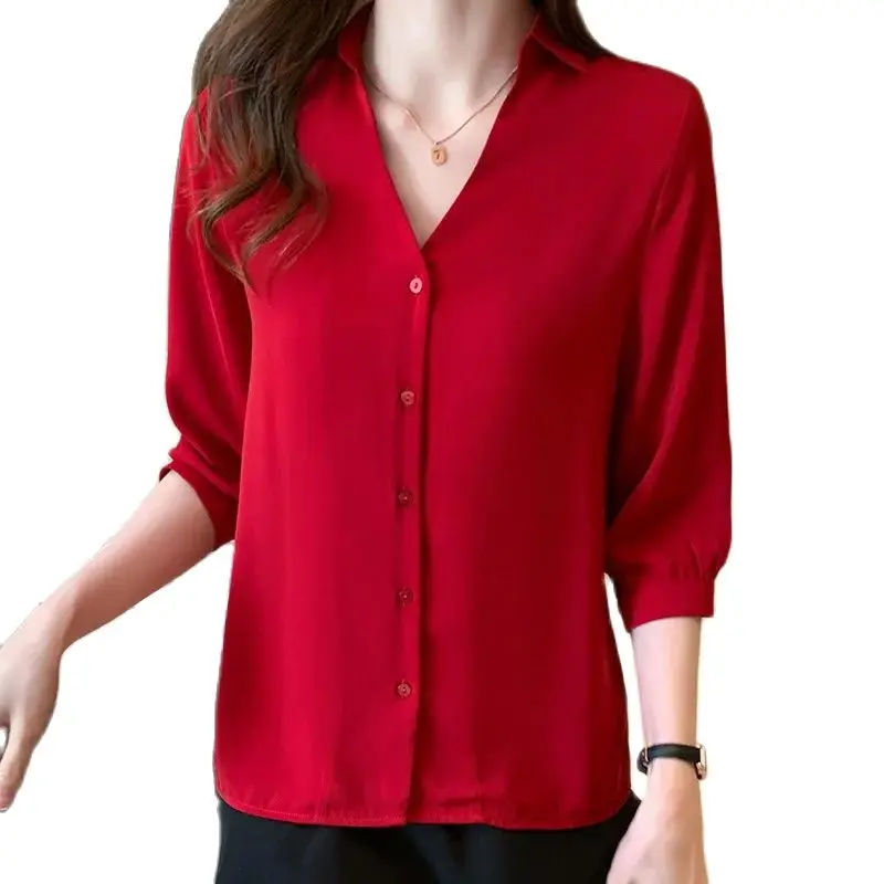 

Women's Retro Style French Red Tops Summer New Design V-neck Versatile Temperament Shirts Lady Loose Slimming Chiffon Blouses