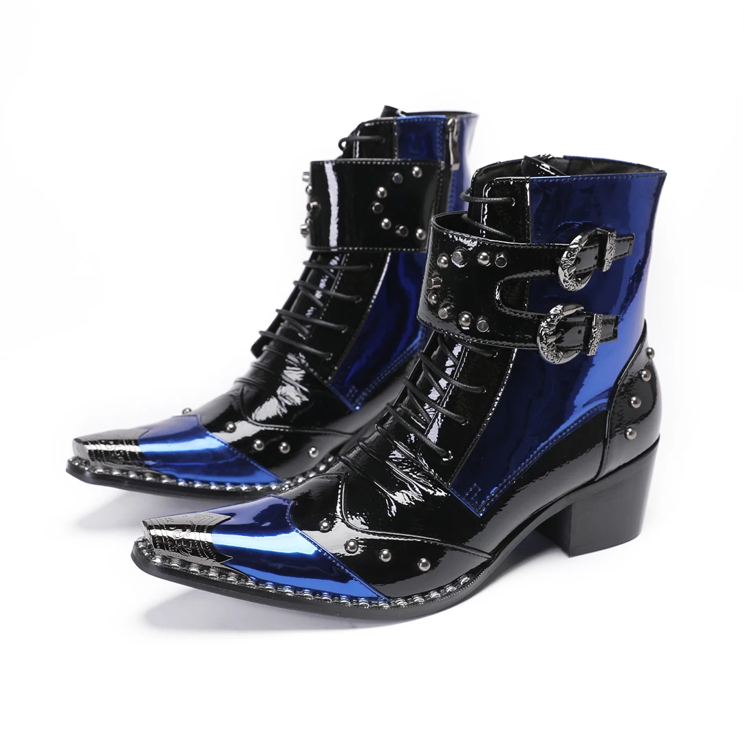 

Botas British Rivets Pointed Toe Patent Leather Cowboy Short Boots Male Plus Size Men Buckle Lace Up Motorcycle Ankle Boots