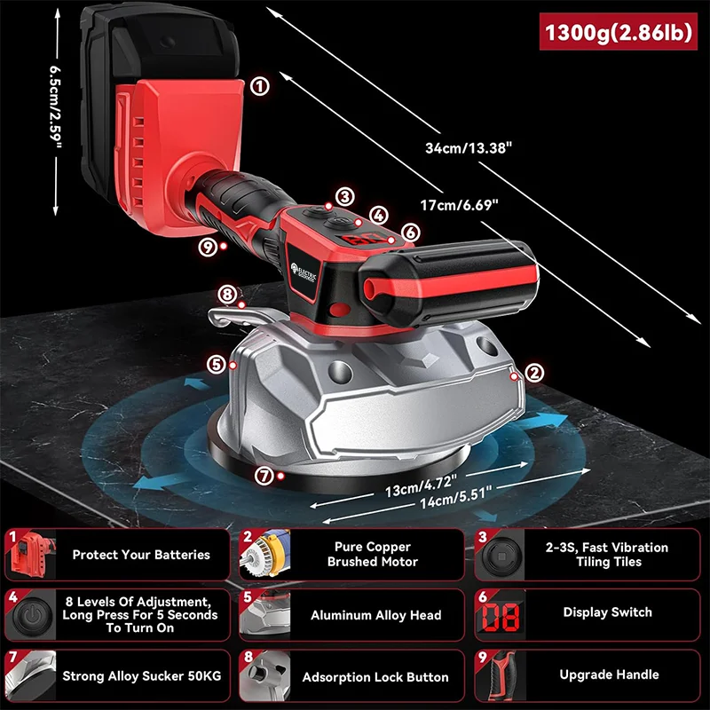 Electric Goddess Cordless Tile Vibration Leveling Machine Digital Display 8 Adjustable Speed Floor Tile For Milwaukee 18VBattery