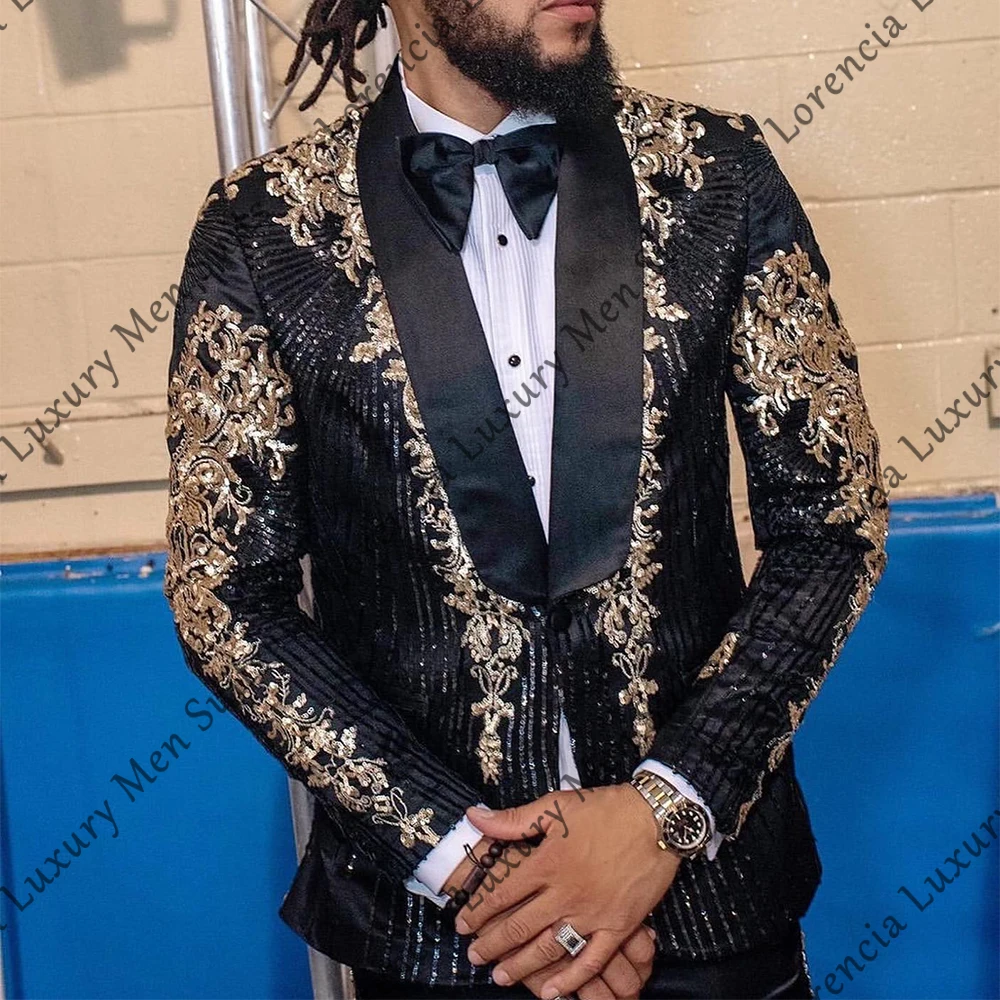 

Мужские костюмы с блестящими аппликациями, комплект из 2 предметов, смокинги с блестками, наряды для свадебной вечеринки, пиджак, брюки по индивидуальному заказу, trajes para hombre