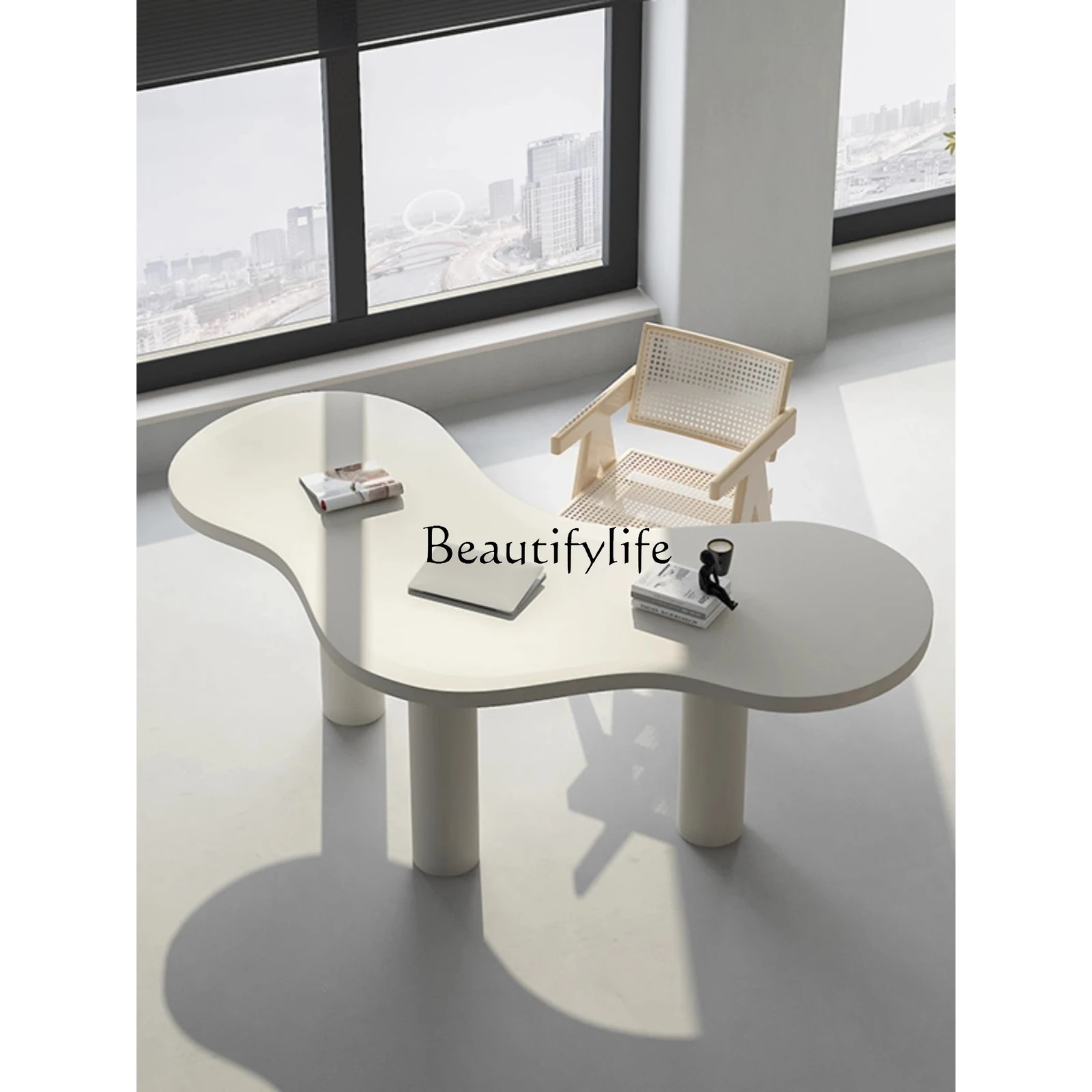 

Nordic solid wood desk curved design sense household personality simple modern irregular table