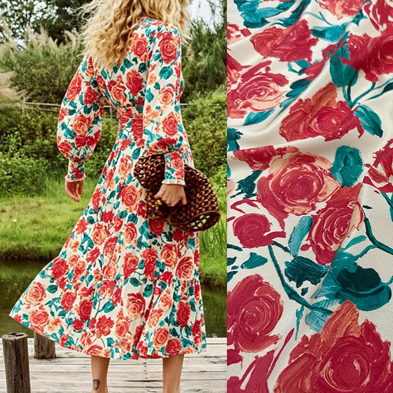 Red Rose Printed Stretch Silk Crepe de Chine Fabric for DIY Sewing Summer Dress Pajamas Soft Comfortable Silk Fabric FR7059