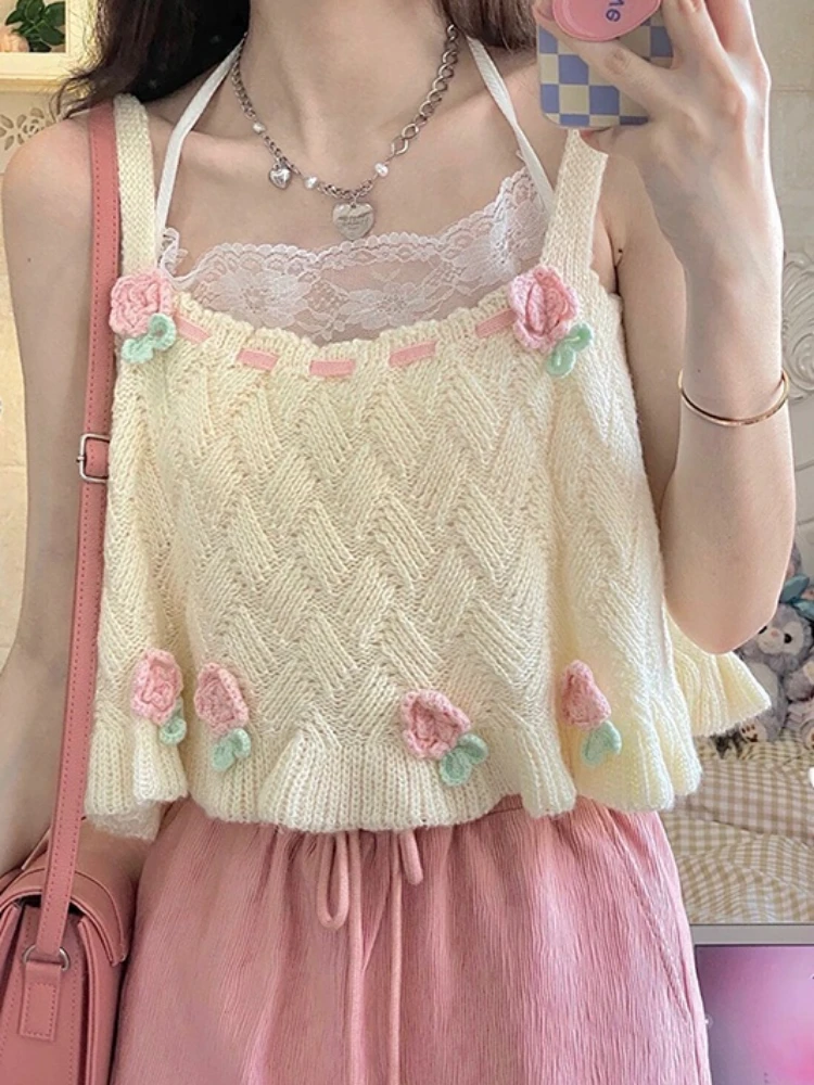 Japanese Kawaii Chic Tank Top Clothes Women Sweet Flower Embroidery Cute Knitted Tank Lady Preppy Style Sweater Vest Summer 2023