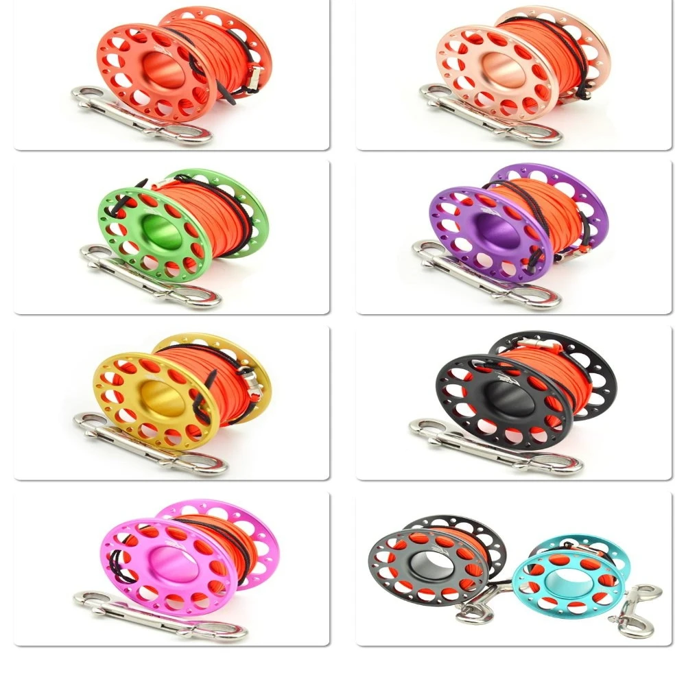 بكرة إصبع من سبائك الألومنيوم للغوص 15 متر 30 متر مع خطاف مزدوج من الفولاذ المقاوم للصدأ لمعدات غوص الكهف