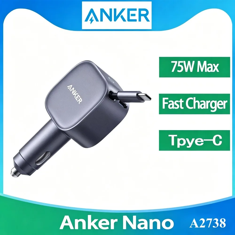 Anker A2738 Nano 75W USB-C Car Charger Built-in Retractable Type-C Cable Fast Car Adapter for iPhone Samsung MacBook