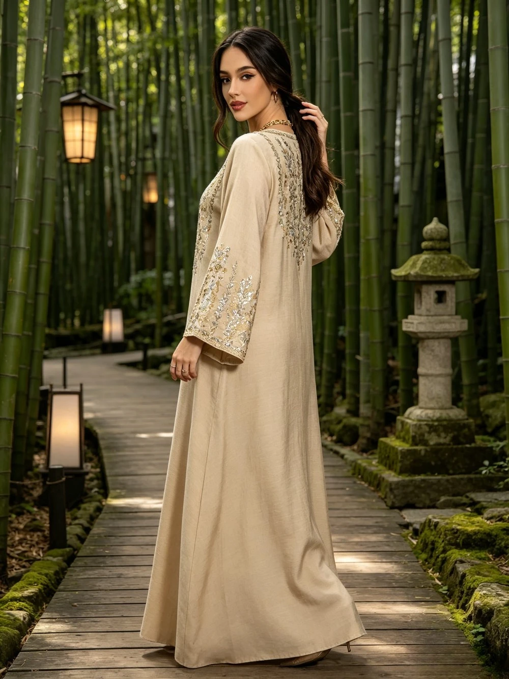 Customized Beige Long Dress with Bell Shaped Sleeves and Round Neck 2026 Loose A-line Muslim Evening Gown Suitable for Parties