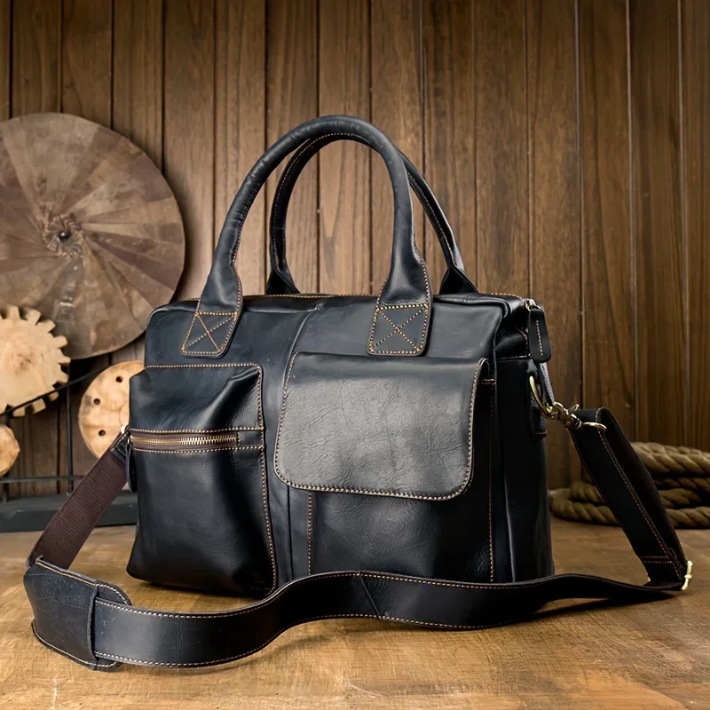 Bolso para ordenador portátil de cuero de vaca auténtico de alta calidad para hombre, maletín de viaje y bolso de mensajero, bolso de cuero de negocios