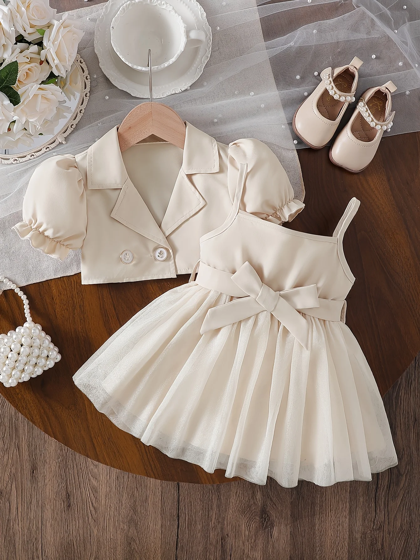 

Baby Girl Set: Short Puff Sleeve Blazer + Lace Strap Dress with Bow | Valentine's Day Gift / Baby Birthday Gift