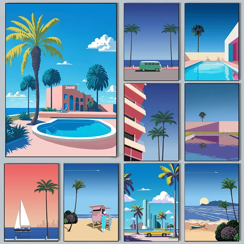 Pintura al óleo por números de Hiroshi Nagai, estilo Vaporwave, paisaje de playa y ciudad de Japón, arte de pared de verano, decoración nórdica para sala de estar