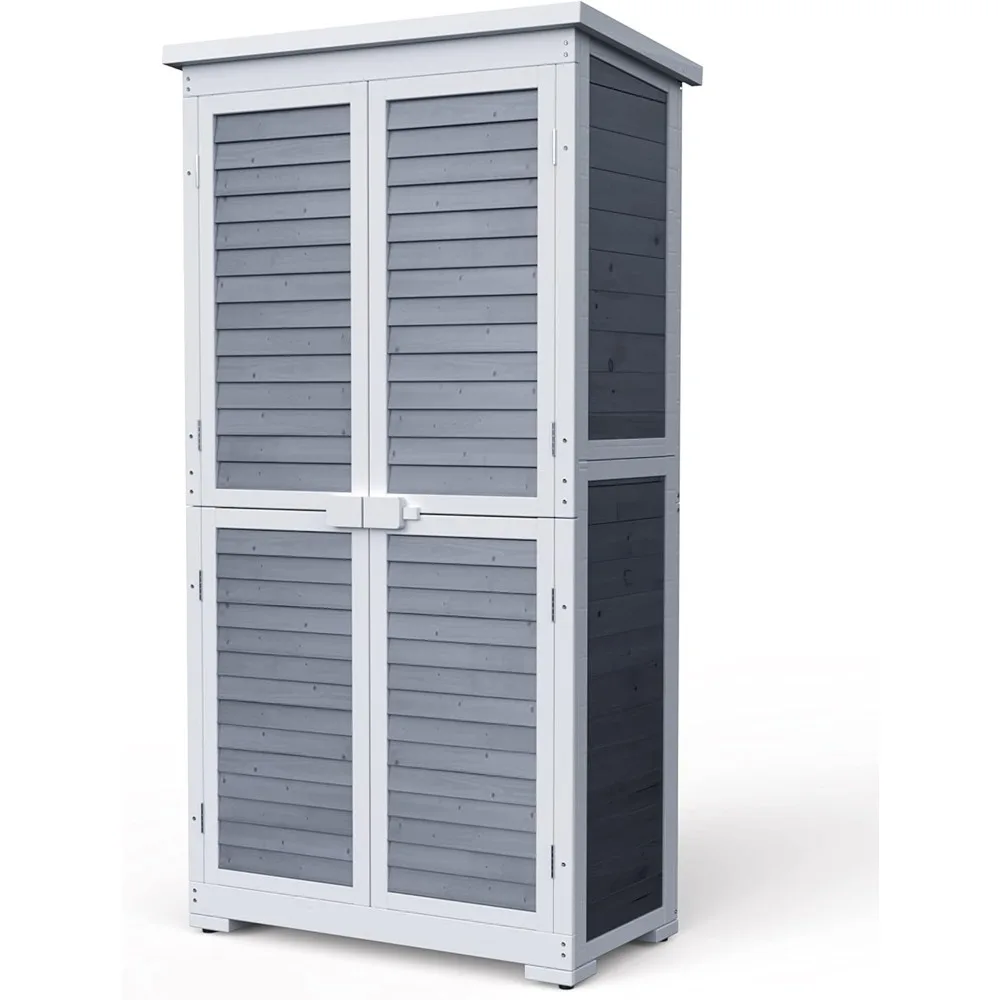 Outdoor Storage Cabinet with 3 Shelves, Double Lockable Wooden Garden Shed with Waterproof Roof, Outside Tool Shed