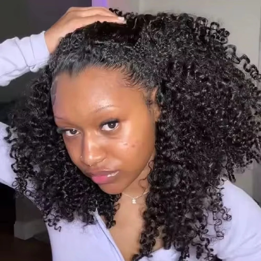 Half Wig Human Hair Afro Kinky Curly Full Machine Made Human Hair Wig 3 IN 1 Half Wig With Drawstring 250 Density Curly Half Wig