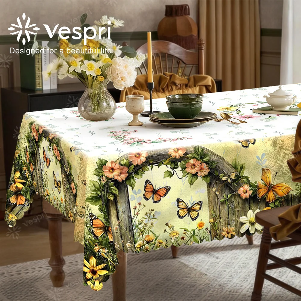 Vespri Farm Wind, Wood Grain Tablecloth, Yellow and White Decorations, Butterflies and Flowers
