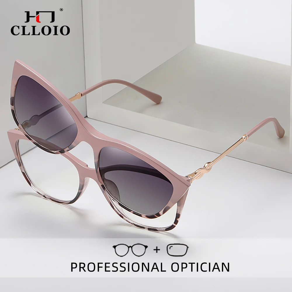 CLLOIO Magnet Clip On Optical Myopia Glasses Women Driving Polarized Sunglasses With  Anti Blue Ray Prescription Reading Glasses