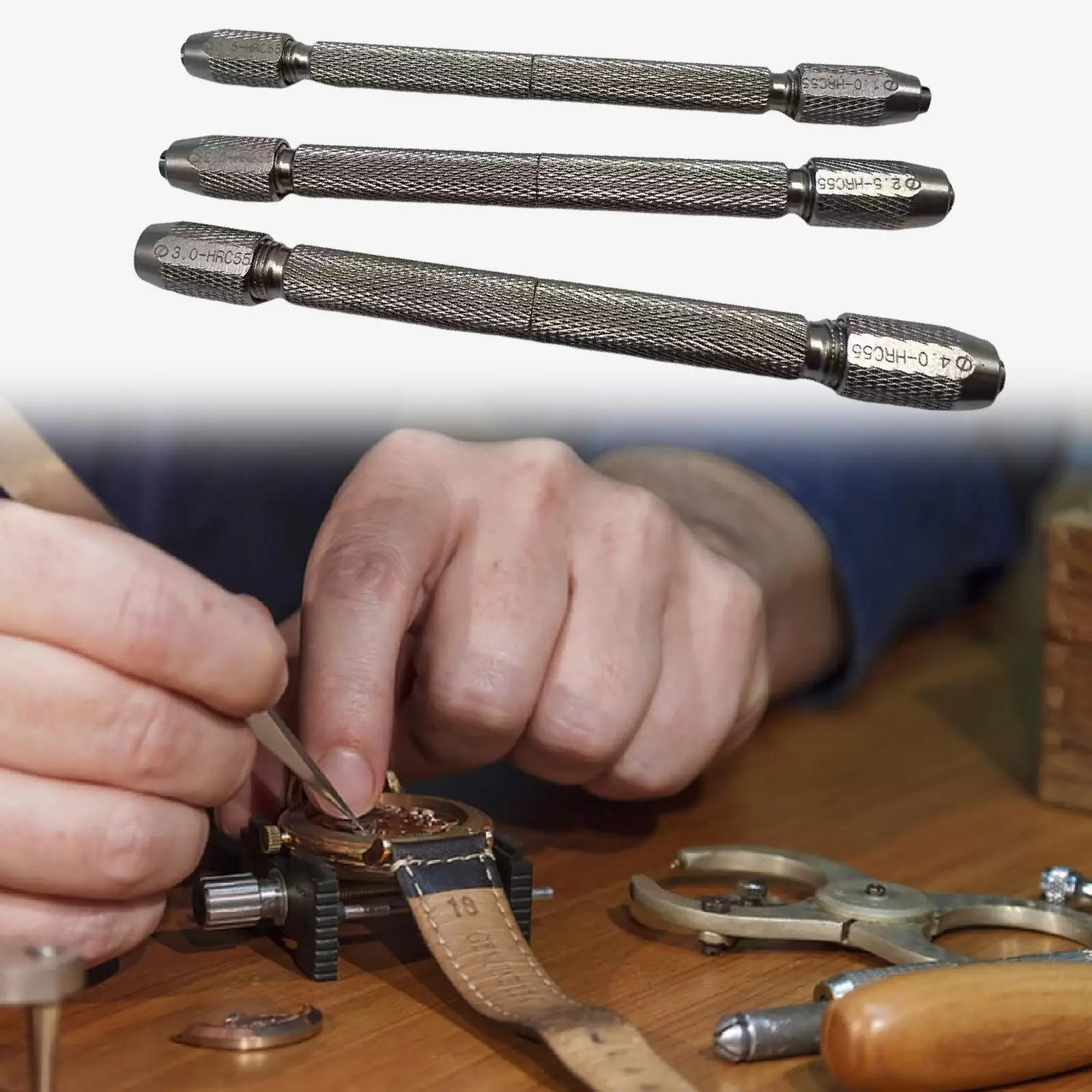 3x Watch Pin Vise Hand Drill Convenient Portable Non Slip Stainless Steel Double Ended Watch Repair Tool Versatile Repairing
