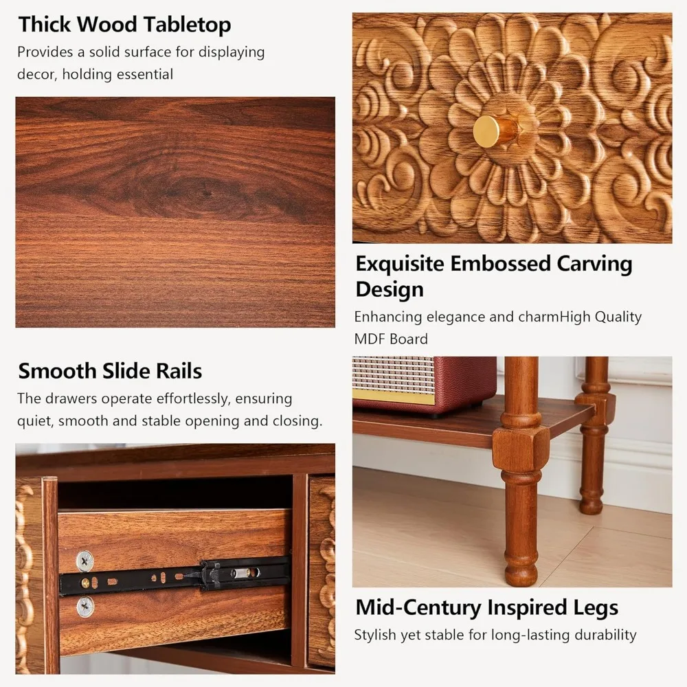 Meja Konsol 3 Laci Gaya Mid-Century Modern dengan Permukaan Mengkilap Bermotif Bunga dan Kaki Kayu Solid, Meja Sofa 2 Tingkat untuk Ruang Tamu