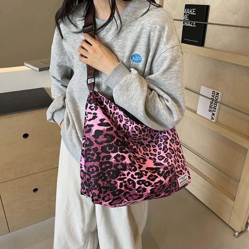 Rose Bucket Nylon  Shoulder Crossbody Bag Female Coffee Leopard Print Cloth Large Capacity Handbag Casual Travel Shopping Totes