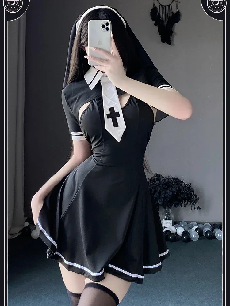 Cosplay Disfraz Mujer sexy Nonne Kostüm Frauen Dessous Gothic Maid Kleid Anime Rollenspiel Halloween Karneval Outfits Quaste schwarz