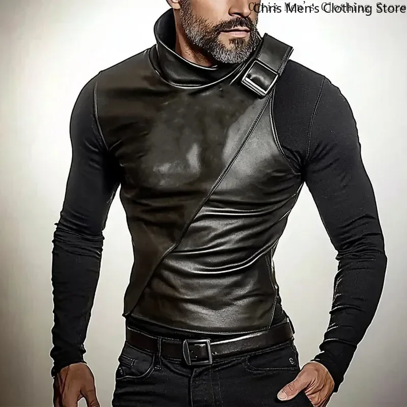 

High Neck Slim Patchwork Cool Man Black Leather T-shirt Autumn/winter New Motorcycle Punk Leather Hoodie for Men Fashion Hoodie