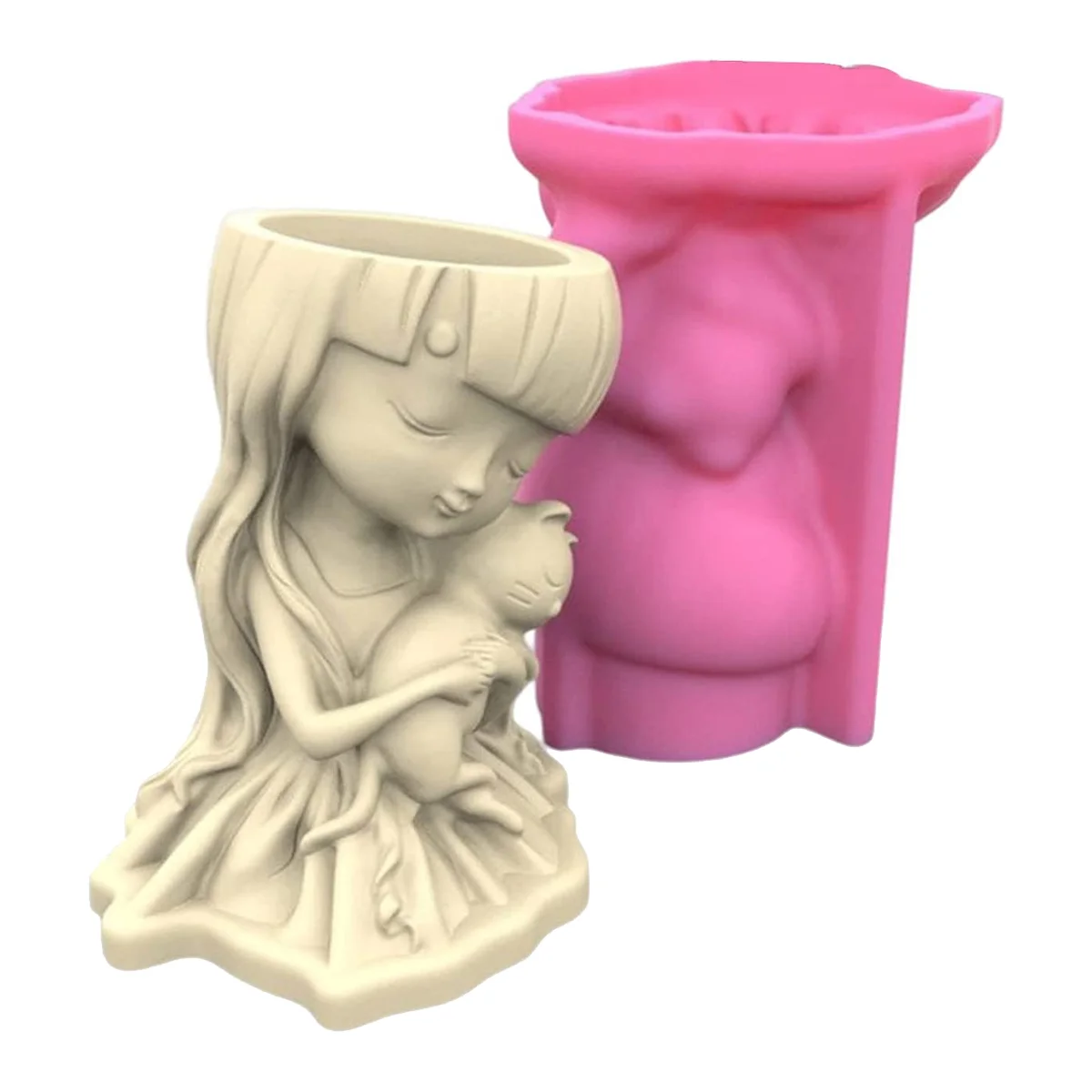 Girl Hugs Cat Silicone Flower Pot Molds,Succulent Planter Vase Concrete Molds Pen Holder Mold