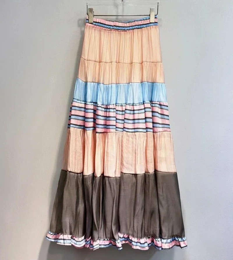 New Arrival Long Skirt 2025 Spring Fashion Designer Ladies Elastic Waist Color Block Patchwork Elegant Long Maxi Bohemian Skirts