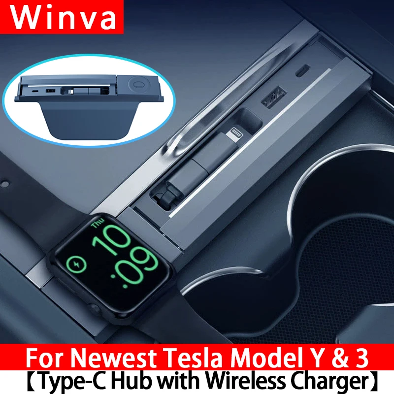 

Док-станция USB-хаб 3-в-1 для новых Tesla Model Y/3, 27 Вт, со встроенным выдвижным кабелем, поддержка беспроводной зарядки Apple Watch