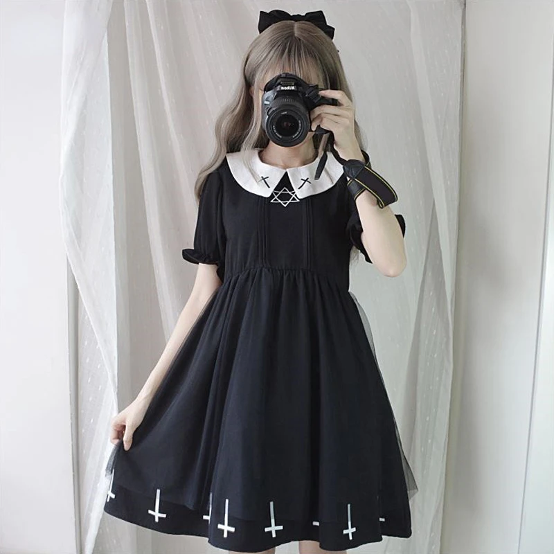 Gothic Lolita Dress Harajuku Fashion Cross Cosplay Female Dress Japanese Soft Sister Style Star Tulle Dress Cute Girl Streetwear