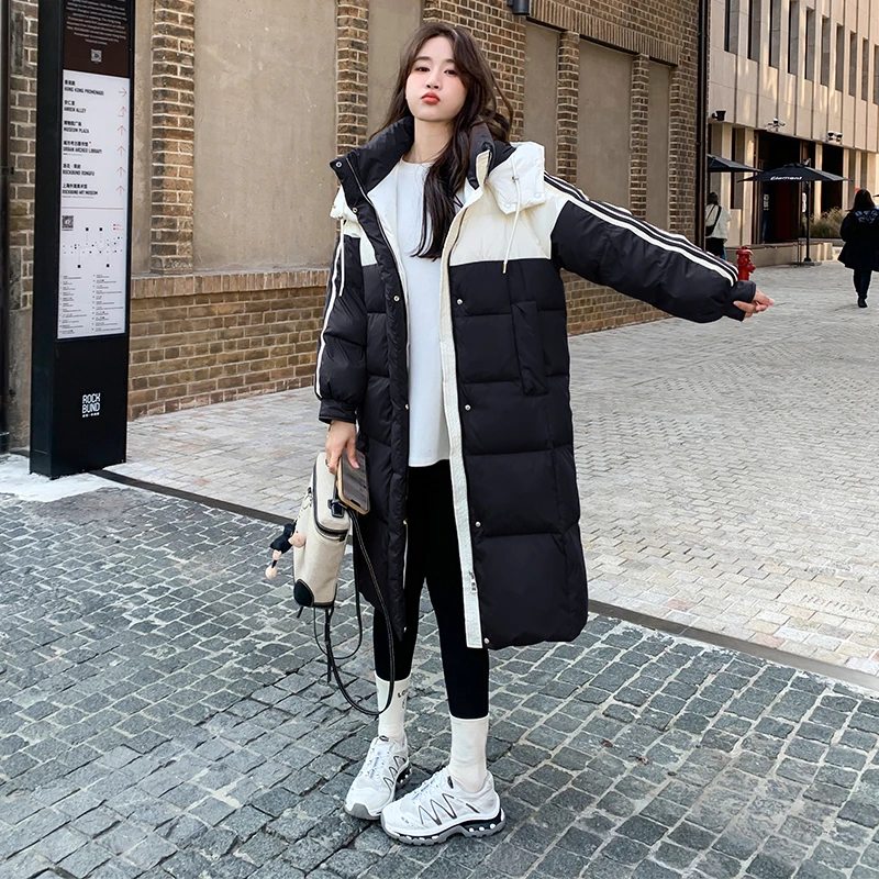 

Splicing Women Jacket Warm Coats Down Long Striped Collision Parka Korean Fashion Casual Down Jacket Thick Loose Puffer Coats