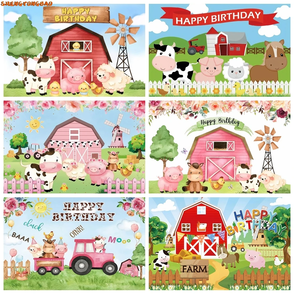 

Cartoon Farm Animals Newborn Photography Backdrop Wooden House Flowers Baby Shower Birthday Party Decor Background Photo Studio