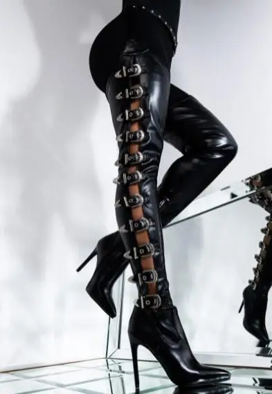 Sexy Women Black Leather Sliver Metal Buckles Hollow Pointed Toe Stiletto Heels Waist Belt Buckle Over The Knee Boots Long Botas