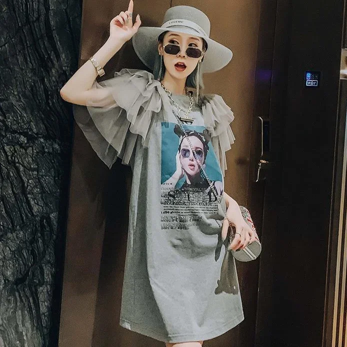 Harajuku Long Mesh Spliced T-shirts Dress Female Summer O-Neck Fairy Ruffled Sleeve Girls Printed Tees Bohemian Vestido Dress