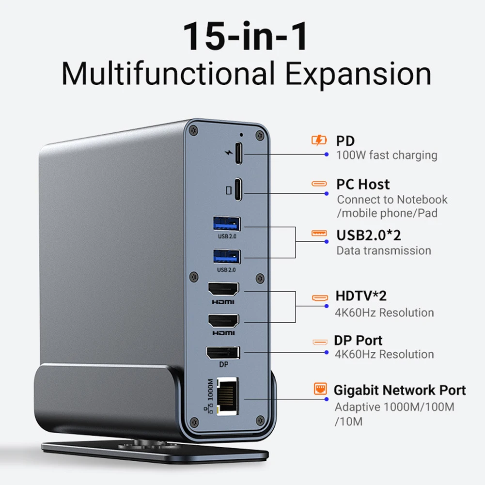 Imagem -05 - Desktop Docking Station 15 em Carga Rápida pd 100w Usb c Multiport Adaptador Hub hd 4k 60hz Rj45 Rede Gigabit para Laptop