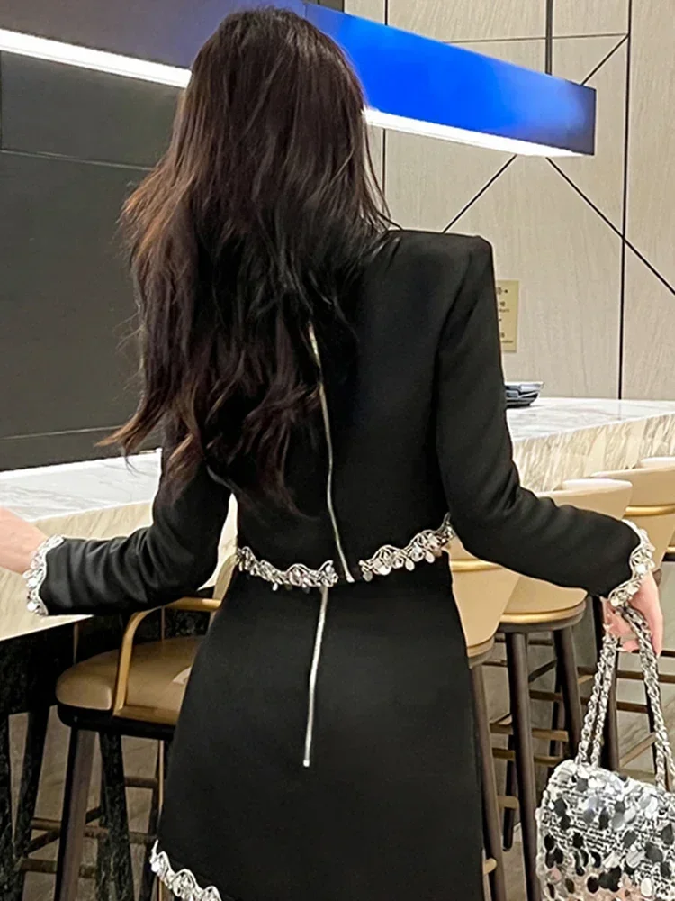 

Винтажный черный укороченный топ с блестящими стразами, длинными рукавами и молнией, женская блузка для вечеринок, банкетов и клубов, рубашка Mujer