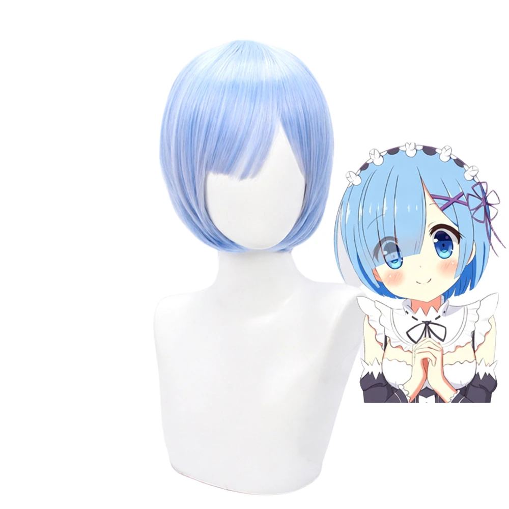 Rem Cosplay Wig Light Blue short hair Heat resistant synthetic wig For comic convention party and performance use